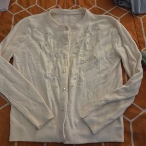 Vintage Y2K Beaded Floral Cardigan Ivory Pearl Button Sweater Sz L